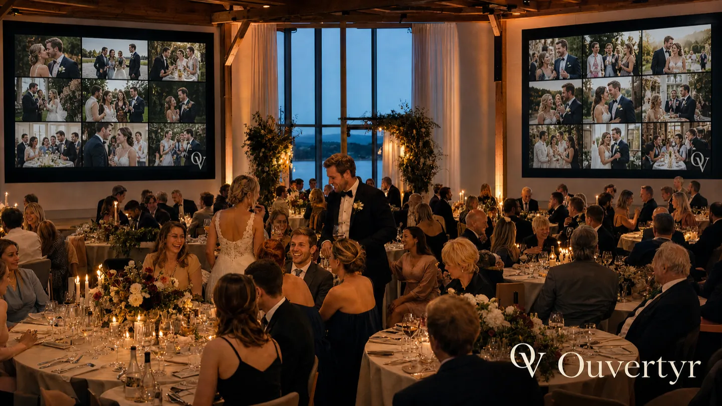A wedding dinner where the guests' photos fill two screens along the wall.