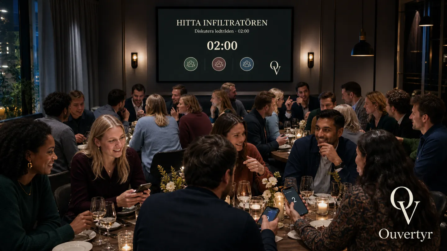A company dinner where the screen counts down a round and the guests vote from their seats.