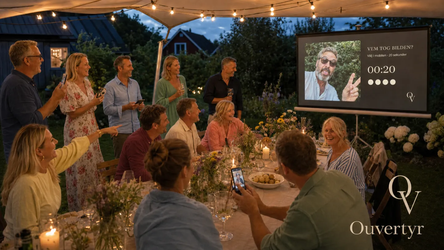 A summer party at a long table outdoors. The screen asks who took the picture; the guests answer on their phones.